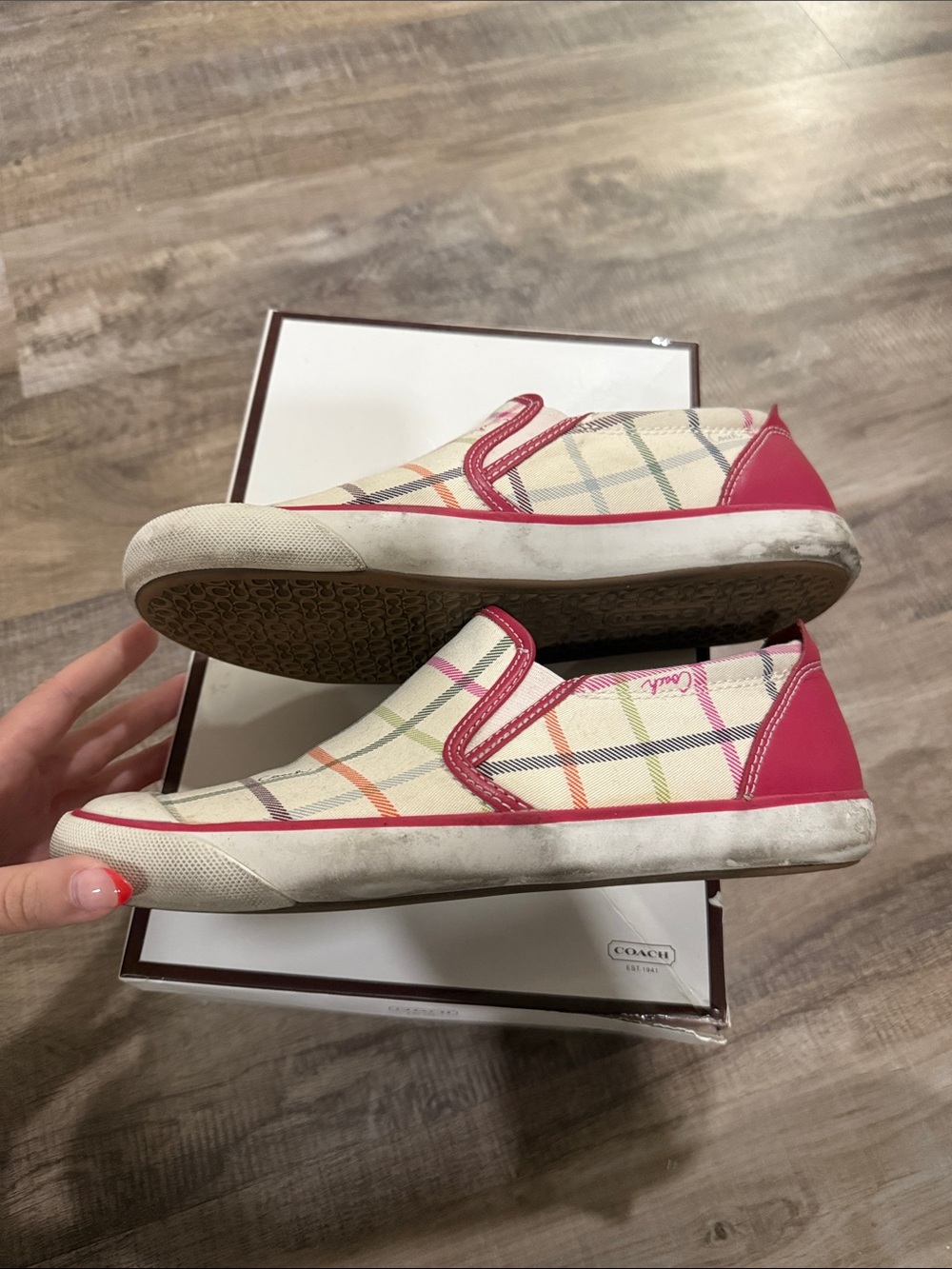 Coach Multicolor Plaid Slip-On Sneakers in Cream and Pink Trim with box size 8 - Picture 4 of 13